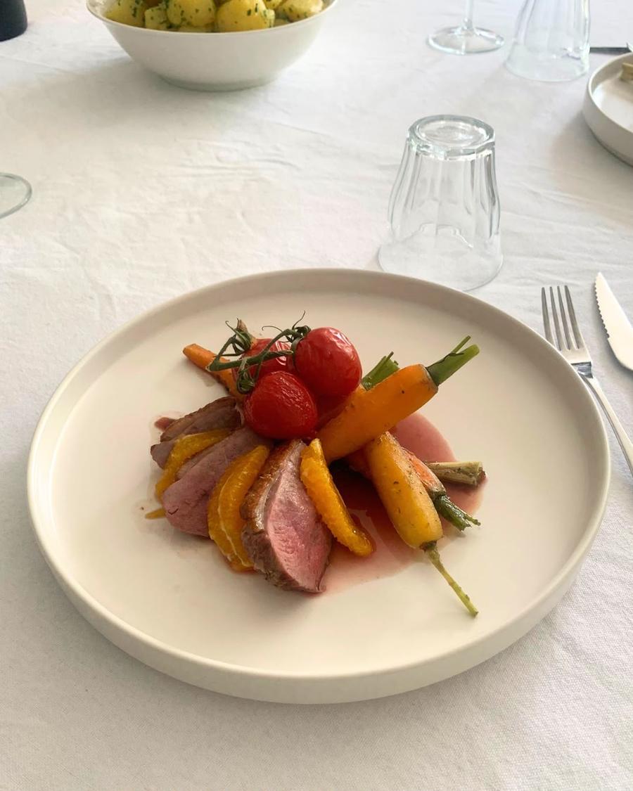 Roasted duck breast plated for a Fork It date dinner