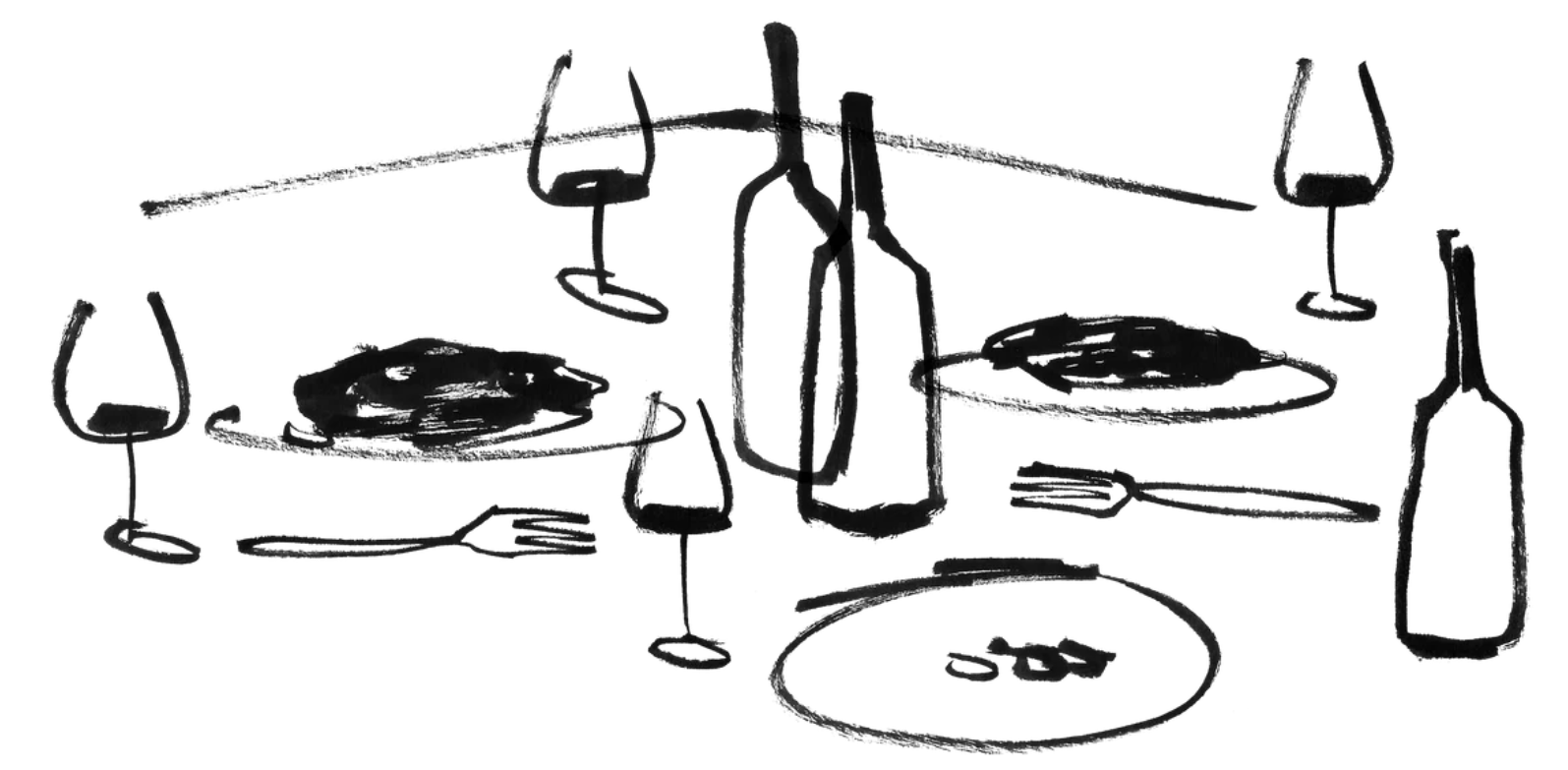 Hand-drawn ink sketch of a table set with wine bottles, glasses, plates and cutlery